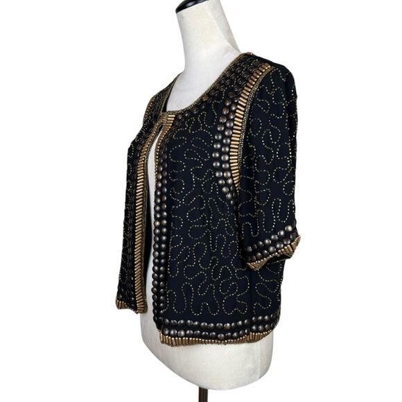 Hazel Black Chiffon Studded Beaded Gold Short Sleeve Evening Layering Jacket - Picture 2 of 11